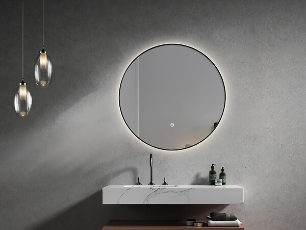 LUXURYBAIN - LuxuryBain- Miroir de salle de bain LED 80cm rond à luminosité variable avec cadre en aluminium noir - large