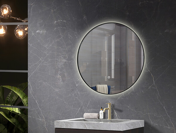 LUXURYBAIN - LuxuryBain- Miroir de salle de bain LED 80cm rond à luminosité variable avec cadre en aluminium noir - large