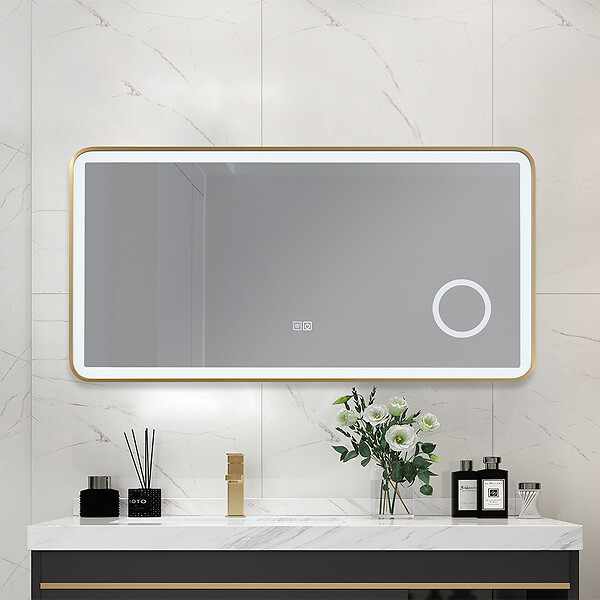 LUXURYBAIN - Miroir salle de bain LED 90x60cm anti buée avec cadre en aluminium doré et loupe x3 LB-4685G - large