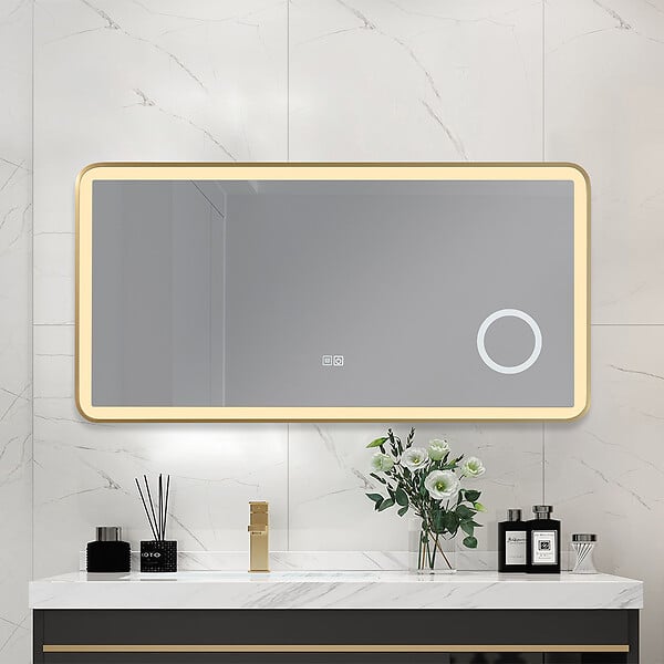LUXURYBAIN - Miroir salle de bain LED 90x60cm anti buée avec cadre en aluminium doré et loupe x3 LB-4685G - large