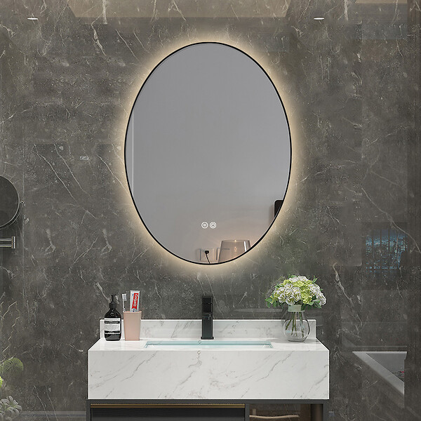 LUXURYBAIN - LuxuryBain- Miroir de salle de bain LED 60x80cm ovale anti buée avec cadre en aluminium noir - large