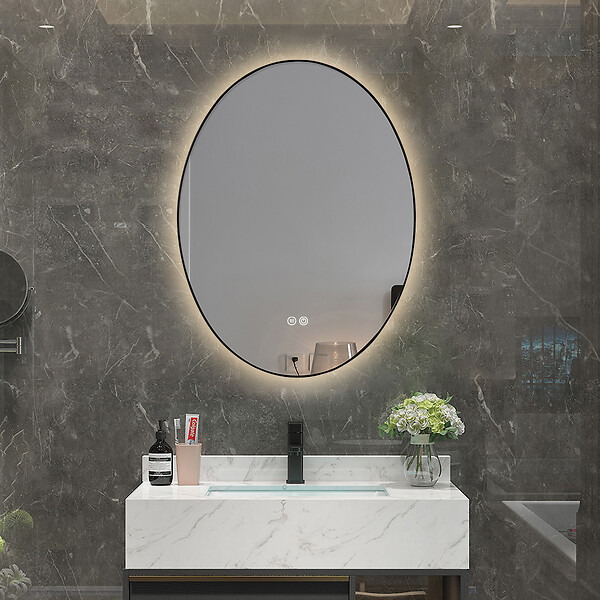 LUXURYBAIN - LuxuryBain- Miroir de salle de bain LED 50x70cm ovale anti buée avec cadre en aluminium noir - large