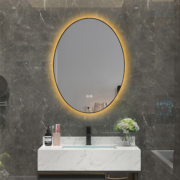 LUXURYBAIN - LuxuryBain- Miroir de salle de bain LED 50x70cm ovale anti buée avec cadre en aluminium noir - large