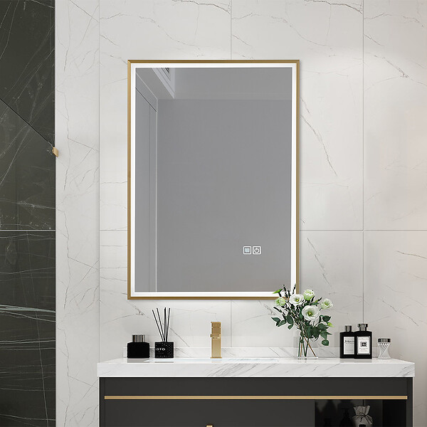 LUXURYBAIN - Miroir salle de bain LED 60x80cm anti buée avec cadre doré LB-126080G - large