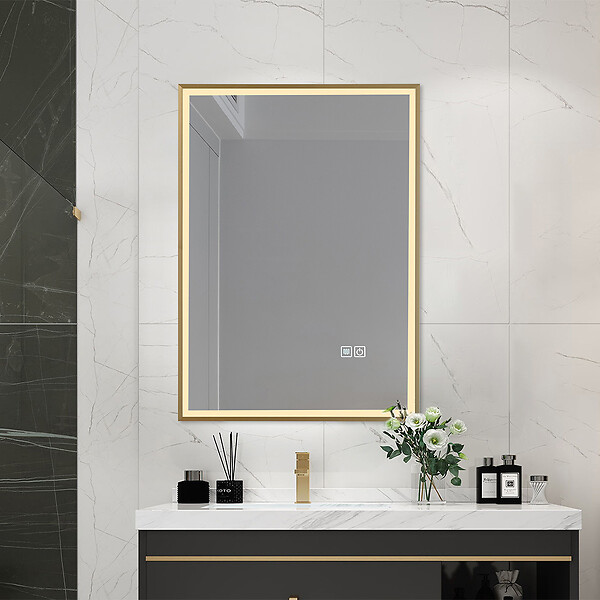 LUXURYBAIN - Miroir salle de bain LED 60x80cm anti buée avec cadre doré LB-126080G - large