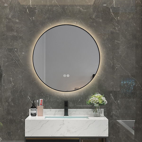 LUXURYBAIN - Miroir salle de bain LED rond 90cm anti buée avec cadre noir LB-4647BA - large