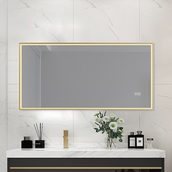 LUXURYBAIN - Miroir salle de bain LED 90x60cm anti buée avec cadre doré LB-126080G - large