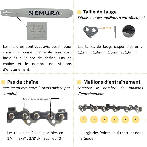 NEMURA - Lot de 3 Chaînes de tronçonneuse - 52 Entraineurs - Pas 3/8LP - Jauge 0.50 (1.3mm) - Guide de 35 cm - large