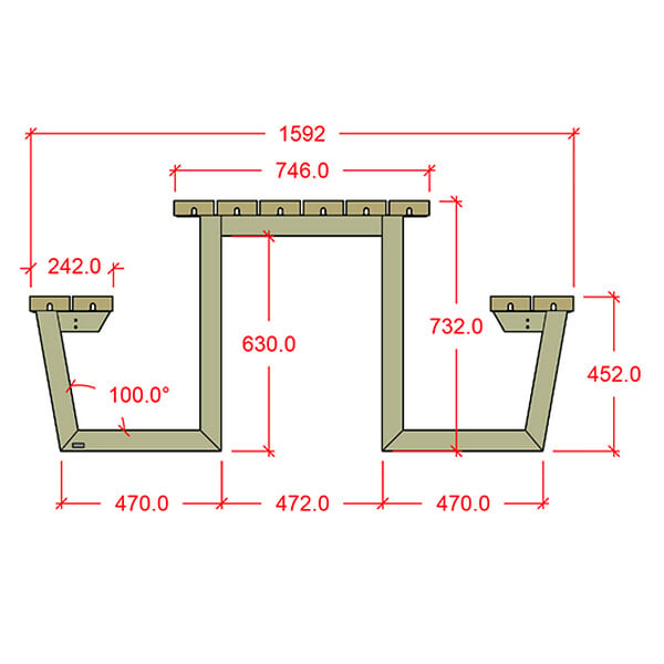 PLUS A/S - Table pique nique bois Wega 6pers lasurée gris vert - large