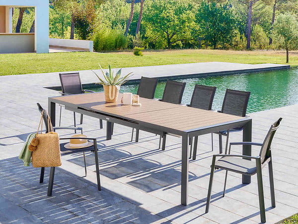 HESPERIDE - Table de jardin rectangulaire extensible alu Evasion 8/10 places effet bois - Hespéride - large