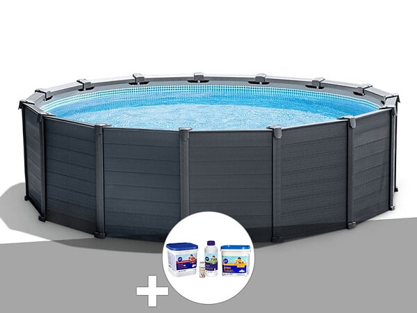 INTEX - Kit piscine tubulaire Intex Graphite ronde 4,78 x 1,24 m + Kit traitement au chlore - large
