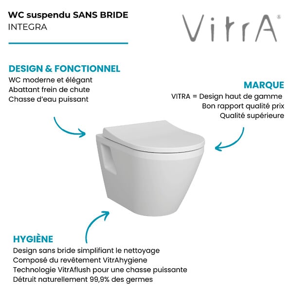 VITRA - Cuvette WC suspendu sans bride VitrA Integra blanc avec abattant frein de chute - large