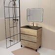 AURLANE - Meuble de salle de bains suspendu 70 TIMBER Décor Chêne 3 tiroirs Vasque noire et miroir LED 70x50 - vignette