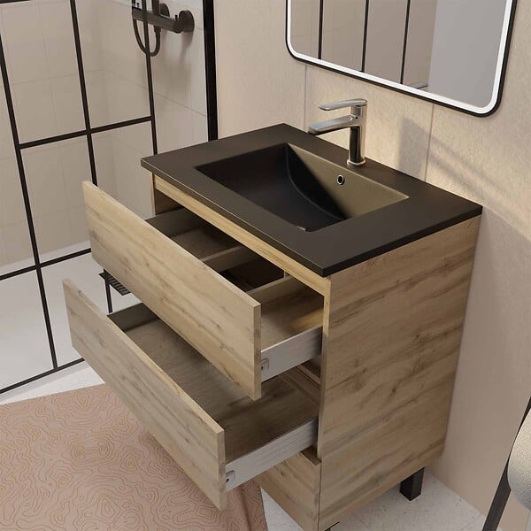 AURLANE - Meuble de salle de bains suspendu 70 TIMBER Décor Chêne 3 tiroirs Vasque noire et miroir LED 70x50 - large