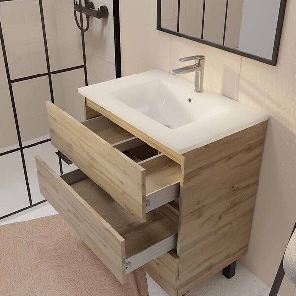 AURLANE - Meuble de salle de bains 70 cm TIMBER - Décor Chêne Naturel 3 tiroirs avec Vasque blanche - large