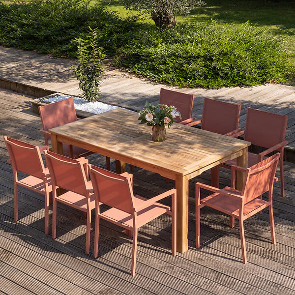 HAPPY GARDEN - Salon de jardin en teck JAVA avec chaises en aluminium terracotta - 8 places - large