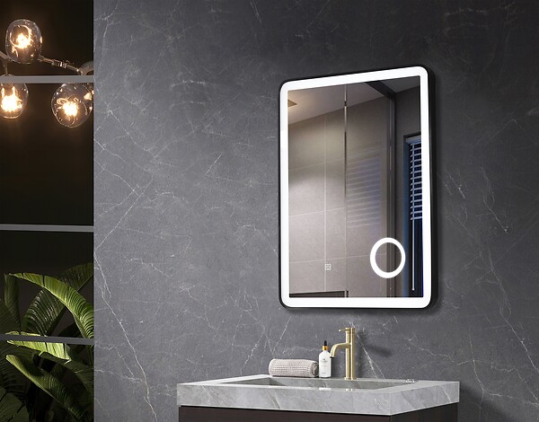 LUXURYBAIN - Miroir salle de bain LED 50x70cm avec cadre noir et loupe grossissante x3 - large