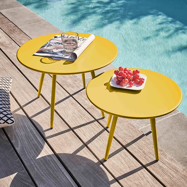 OVIALA - Lot de 2 tables basses de jardin en acier jaune - Palavas - large