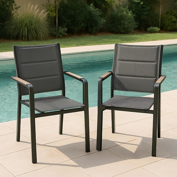 OVIALA - Lot de 2 chaises de jardin en aluminium et textilène gris - Ciotat - large