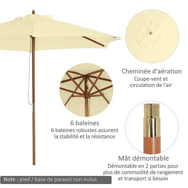 OUTSUNNY - Outsunny Parasol droit hexagonal grande taille de jardin Ø 2,5 x 2,3H m bois de bambou crème - large