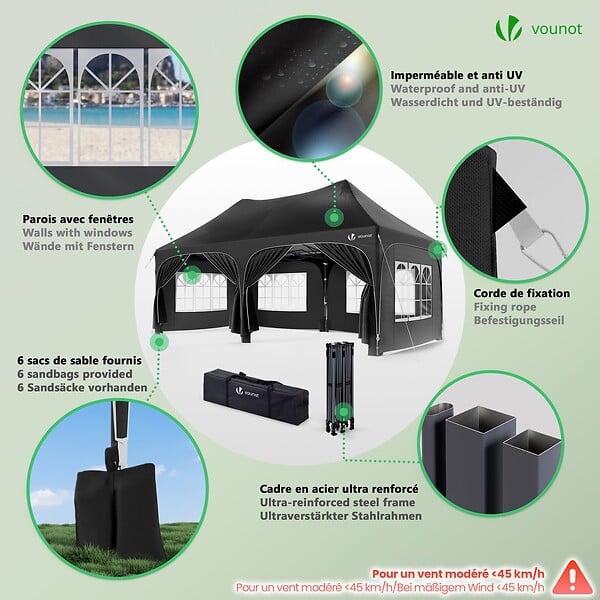 VOUNOT - Tonnelle de jardin 3x6m Pliable Barnum avec 6 parois amovibles Noir - large