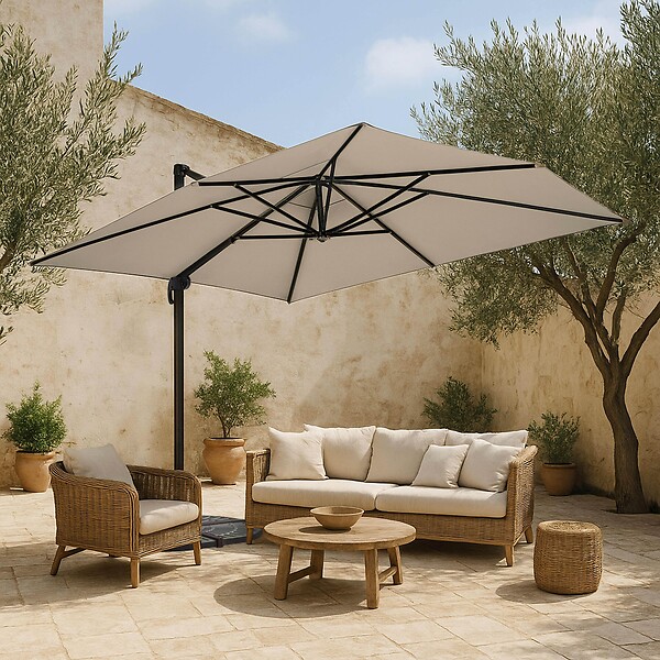 OVIALA - Parasol déporté inclinable et rotatif 4x3m en aluminium écru - Caserta - large