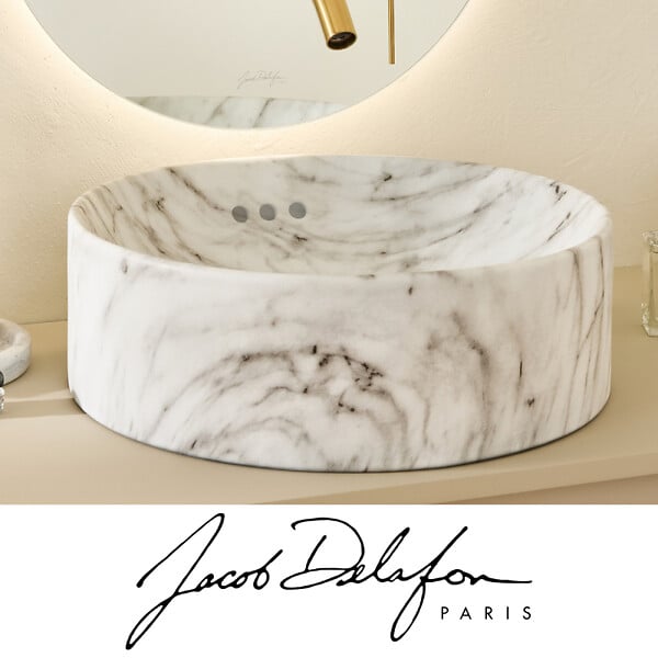 JACOB DELAFON - Vasque ronde à poser Vox marbre blanc sculptural + bonde - large