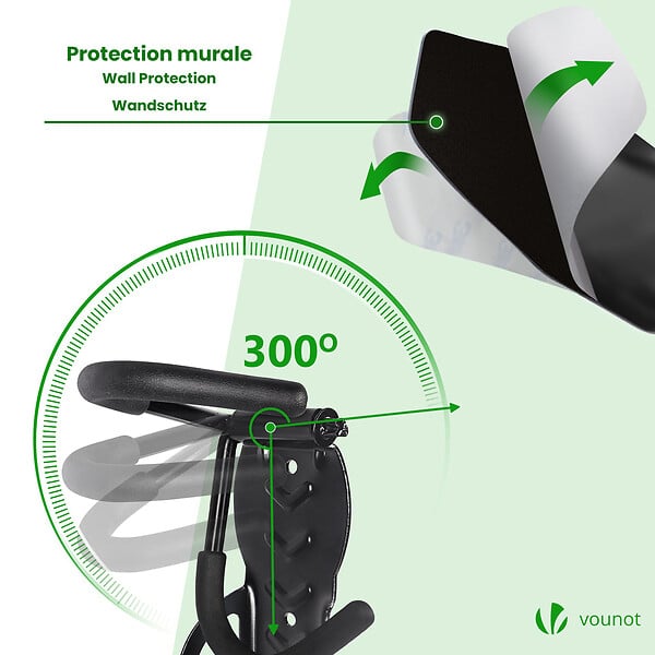 VOUNOT - Lot de 4 supports de velo mural avec coussinets de protection noir - large
