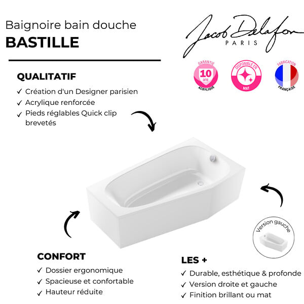 JACOB DELAFON - Pack baignoire bain douche 170 x 90 Bastille vidage à droite blanc mat + tablier en angle - large