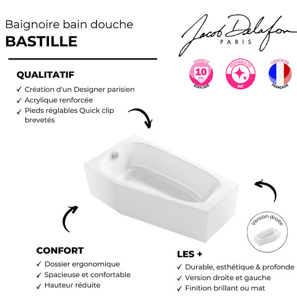 JACOB DELAFON - Pack baignoire bain douche 170 x 90 Bastille vidage à gauche blanc mat + tablier en angle - large