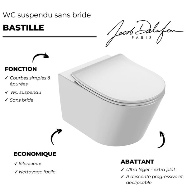JACOB DELAFON - Pack WC suspendu sans bride Bastille + bâti support - large