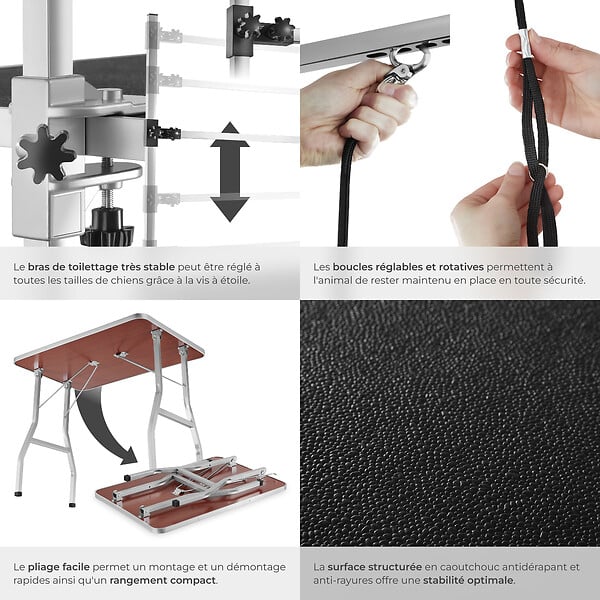 TECTAKE - Table de toilettage avec potence sangles surface antidérapante résistante griffures pliable noir gris 105,5 x 60 x 90,5 - 159 cm - large