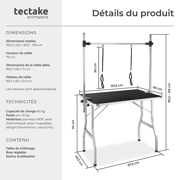 TECTAKE - Table de toilettage avec potence sangles surface antidérapante résistante griffures pliable noir gris 105,5 x 60 x 90,5 - 159 cm - large