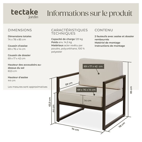 TECTAKE - Fauteuil de jardin COMOSA rembourrage XXL marron/beige - large