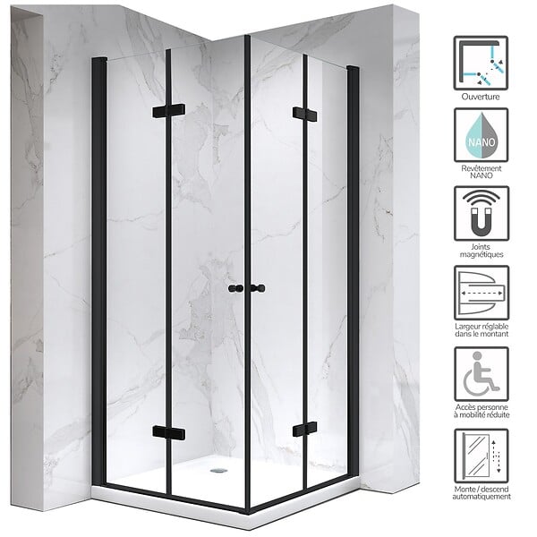 SANIVERRE - ELIZA-BLACK Cabine de douche noire 75x75 cm H.180 pivotante-pliante verre 6 mm - large