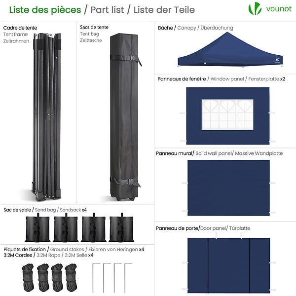 VOUNOT - Tonnelle de jardin renforcée 3x3m pliable avec 4 parois et sac de transport a roulette bleue - large