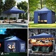 VOUNOT - Tonnelle de jardin renforcée 3x3m pliable avec 4 parois et sac de transport a roulette bleue - vignette