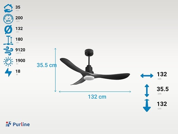 PURLINE - Ventilateur de plafond Réversible  Thermostat Dimmable Wifi Moteur à courant continu Toits en pente Télécommande Lumière à trois tons Hypersilence Mémoire - large