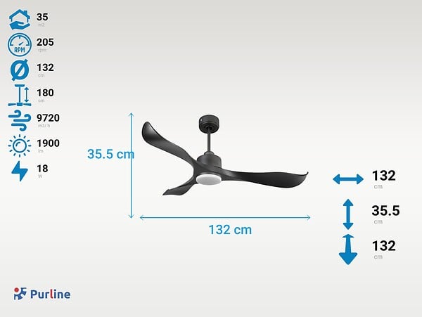 PURLINE - Ventilateur de plafond Réversible  Thermostat Dimmable Wifi Moteur à courant continu Toits en pente Télécommande Lumière à trois tons Adaptateur 2/3 Lames - large