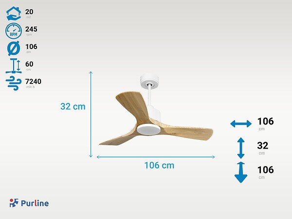 PURLINE - Ventilateur de plafond Réversible  Thermostat Wifi Moteur à courant continu Toits en pente Télécommande Hypersilence Mémoire - large