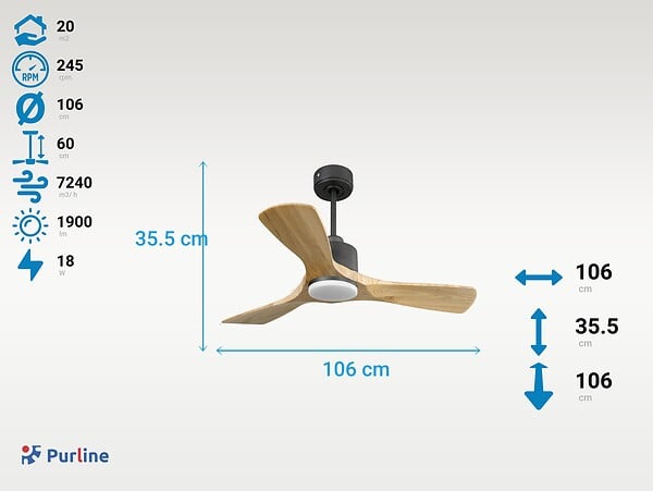 PURLINE - Ventilateur de plafond Réversible  Thermostat Dimmable Wifi Moteur à courant continu Toits en pente Télécommande Lumière à trois tons Hypersilence Mémoire - large