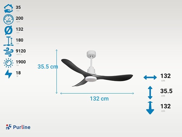 PURLINE - Ventilateur de plafond Réversible  Thermostat Dimmable Wifi Moteur à courant continu Toits en pente Télécommande Lumière à trois tons Hypersilence Mémoire - large
