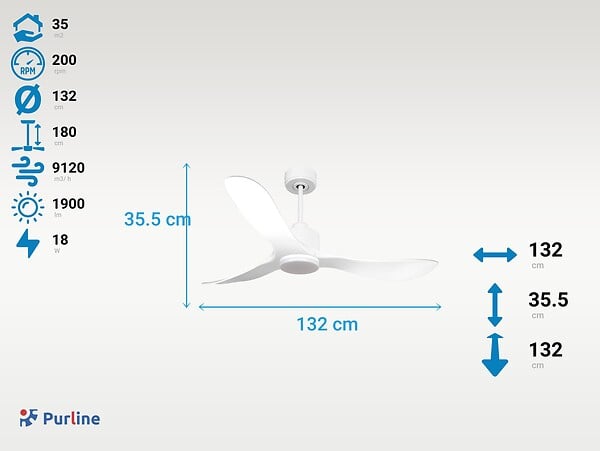 PURLINE - Ventilateur de plafond Réversible  Thermostat Dimmable Wifi Moteur à courant continu Toits en pente Télécommande Lumière à trois tons Hypersilence Mémoire - large