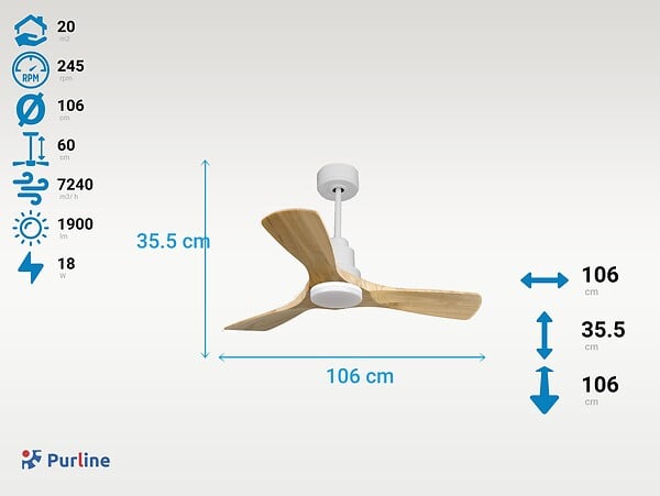 PURLINE - Ventilateur de plafond Réversible  Thermostat Dimmable Wifi Moteur à courant continu Toits en pente Télécommande Lumière à trois tons Hypersilence Mémoire - large