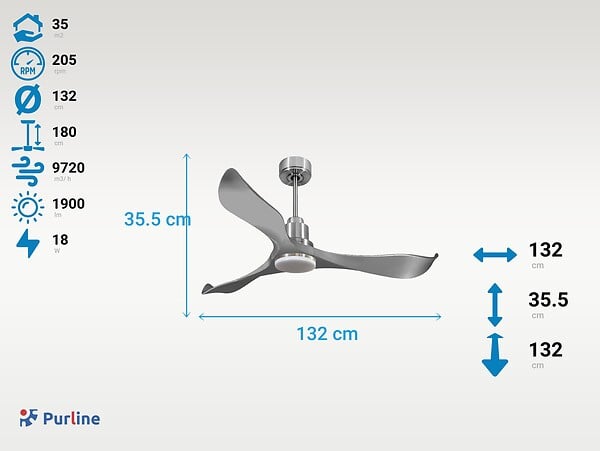 PURLINE - Ventilateur de plafond Réversible  Thermostat Dimmable Wifi Moteur à courant continu Toits en pente Télécommande Lumière à trois tons Mémoire - large