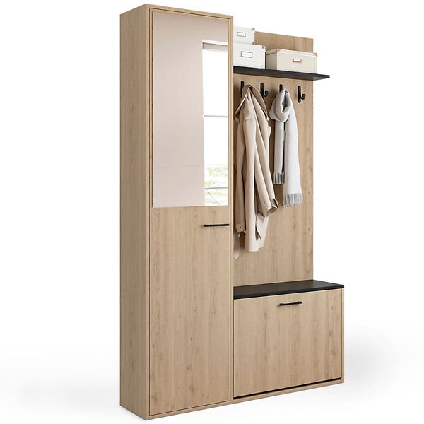 ID MARKET - Vestiaire d'entrée rangement chaussures avec miroir et étagères MAHAUT 1 porte effet bois et noir - large