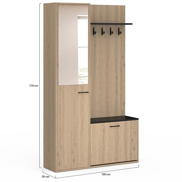 ID MARKET - Vestiaire d'entrée rangement chaussures avec miroir et étagères MAHAUT 1 porte effet bois et noir - large