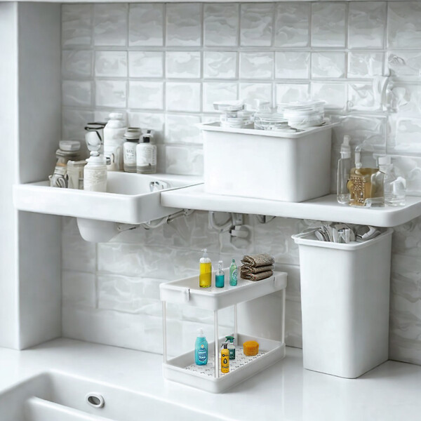 SECURY-T - Rangement sous evier- Étagère cuisine - Blanc - 2 niveaux - large