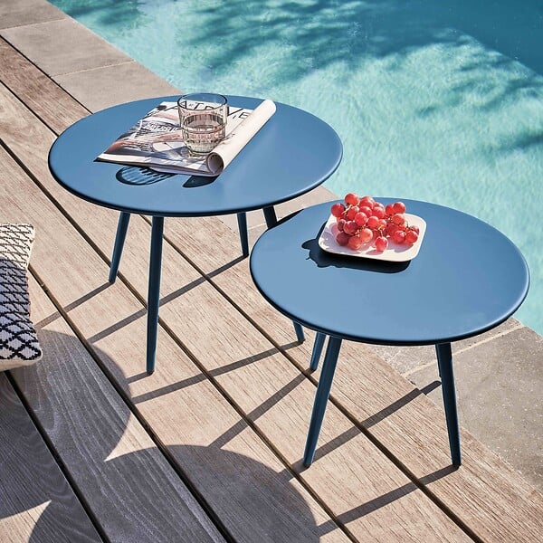 OVIALA - Table basse de jardin ronde en métal bleu pacific 40 cm - Palavas - large
