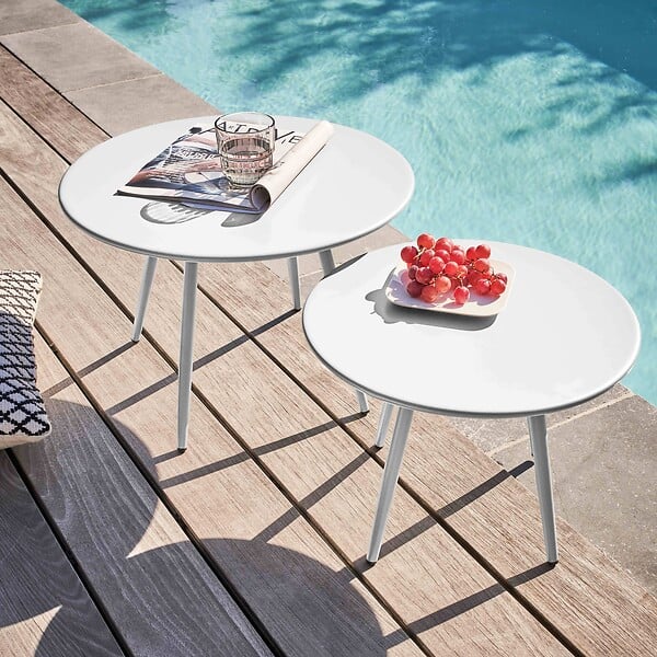 OVIALA - Table basse de jardin ronde en métal blanc 40 cm - Palavas - large